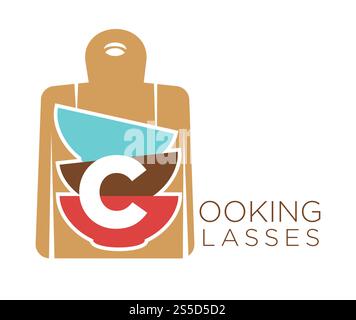 Kochkurse Promo-Emblem mit hölzernem Schneidebrett und tiefen Schüsseln im Stapel. Firmenlogo für kulinarische Lektionen. Workshop zum Studium der ausländischen Küche Logo isolierte Karikatur flache Vektor Illustration.. Kochkurse Promo-Emblem mit Schneidebrett und Schüsseln Stock Vektor