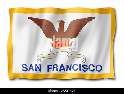Stadtflagge San Francisco, Kalifornien. US-amerikanische Waving-Bannersammlung. 3D-Abbildung. Stadtflagge von San Francisco, Kalifornien, USA Stockfoto