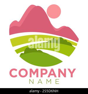 Firmenrunde Promo-Emblem-Vorlage mit minimalistischer Landschaft. Hohe Berge unter der Sonne in rosa Farbe über grüner Wiese auf Logo mit Platz für Firmenname isolierte Karikaturvektor-Illustration. Firmenrunde Promo-Emblem-Vorlage mit minimalistischer Landschaft Stock Vektor