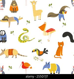 Lustige Tiere, die Strickpullover und Kleidung nahtloses Muster auf weißem Vektor tragen. Tukan und Löwe, Lama und Affe, exotische Säugetierlesebuch und Brille tragen. Faultier auf Zweig. Lustige Tiere mit Strickpullover und nahtlosem Muster Stock Vektor