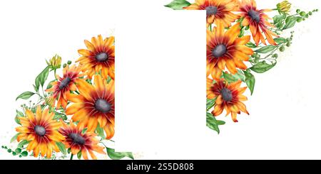 Gelbe Blumen mit anmutigen Blättern und dunkler Mitte in einem Blumenstrauß auf einer Postkarte. Digitale Illustration mit Aquarell. Sonnenblumen und Rudbeckie isoliert Stockfoto