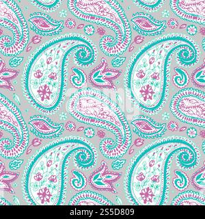 Leichtes, nahtloses Paisley-Muster mit Blumenmotiven und Wirbeln. Elegantes traditionelles indisches Ornament in Pastellfarben mit rosa und türkisfarbenen Tönen, Zeichentrick flache Vektor-Illustration der endlosen Textur.. Leichtes, nahtloses Paisley-Muster mit Blumenmotiven und Wirbeln Stock Vektor