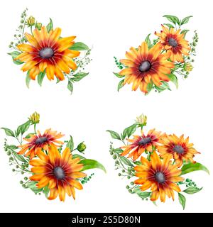 Gelbe Blüten mit anmutigen Blättern in einem Blumenstrauß im Set. Digitale Illustration mit Aquarell. Sonnenblumen und Rudbeckia mit Zweigen auf weißem Rücken Stockfoto