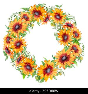 Gelbe Blüten mit grünen Zweigen in einem Kranz. Einstellen. Digitale Illustration mit Aquarell. Sonnenblumen und Rudbeckia in einem Blumenstrauß mit gypsophila isoliert o Stockfoto