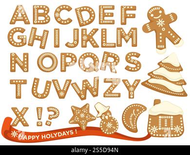 Frohe Feiertage, Weihnachten abc Buchstaben Schriftart, Grafik Design Vektor. Schilder in Form von Bäckerei mit Ingwer, Lebkuchenmann und Stern, Haus und Kiefer, Kekse Set. Alphabetische Symbole für die Feier. Frohe Feiertage, Weihnachtsschriftart mit abc-Buchstaben, grafisches Design Stock Vektor