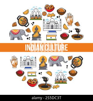 Promo-Poster für indische Kultur mit nationalen Symbolen. Religiöse Attribute, architektonische Konstruktionen, scharfe Küche und exotische Tiere im großen Kreis kommerzielle Banner Cartoon Vektor Illustration.. Promo-Poster für indische Kultur mit nationalen Symbolen Stock Vektor