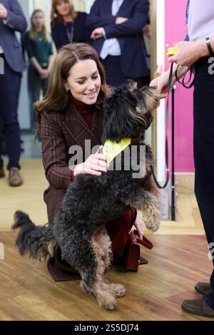 Die Prinzessin von Wales trifft Scout, einen Therapiehund, während eines Besuchs im Royal Marsden Hospital in London, wo sie ihre Krebsbehandlung erhielt, um persönlich den Mitarbeitern für ihre Betreuung zu danken. Der Prinz und die Prinzessin von Wales sind gemeinsame Schirmherren des Royal Marsden NHS Foundation Trust, dem Spezialkrankenhaus für Krebs, das jedes Jahr über 59.000 NHS- und Privatpatienten behandelt. Bilddatum: Dienstag, 14. Januar 2025. Stockfoto