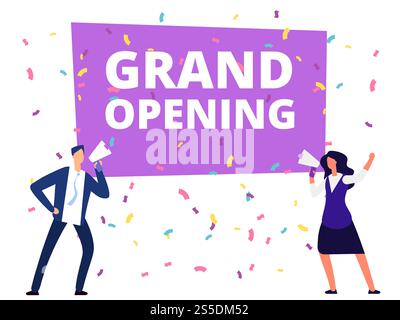 Frau und Mann mit Lautsprecher am großen Eröffnungsbanner und Conffetti. Vektorabbildung. Ankündigung der Werbeaktion zur Eröffnung der Veranstaltung. Frau und Mann mit Lautsprecher am großen Eröffnungsbanner und Conffetti. Vektorabbildung Stock Vektor