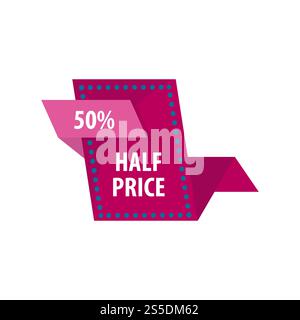 Halber Preisnachlass, guter Angebotsverkauf. Spezielles Etikett für Käufer und Kunden von Geschäften. Ankündigung des großen Angebots, rosa Coupon, um jeden Artikel zu kaufen, auf halbem Preis Kosten isoliert auf Vektorillustration. Halbe Preisreduzierung gutes Angebot Verkauf Vektor Illustration Stock Vektor