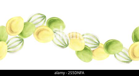 Nahtloser Rand mit Happy Easter Aquarell mit traditionellen farbigen Eiern. Handgezeichnetes festliches Frühlingsbanner, isoliertes Jagdclipart für Textil, Stoff, Stockfoto