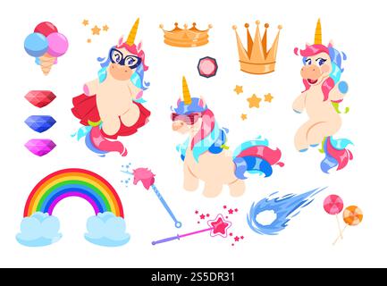 Niedliches Einhörner-Set. Comic-Regenbogen, Zauberstab und Diamanten. Goldene Krone, Sterne und Eis. Feen-Pony-Einhorn-Vektor-Aufkleber. Einhorn und Regenbogen, Magie und Krone, Diamant und Zauberstab Illustration. Niedliches Einhörner-Set. Comic-Regenbogen, Zauberstab und Diamanten. Goldene Krone, Sterne und Eis. Feen-Pony-Einhorn-Vektor-Aufkleber Stock Vektor