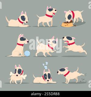 Hund im Tag Aktivität. Lustige Cartoon-Welpen-Tagesroutine. Netter Hund Haustier Tiervektor Zeichensatz. Glücklicher Hund und Haustier, tierfreundliche Illustration. Hund im Tag Aktivität. Lustige Cartoon-Welpen-Tagesroutine. Netter Hund Haustier Tiervektor Zeichensatz Stock Vektor