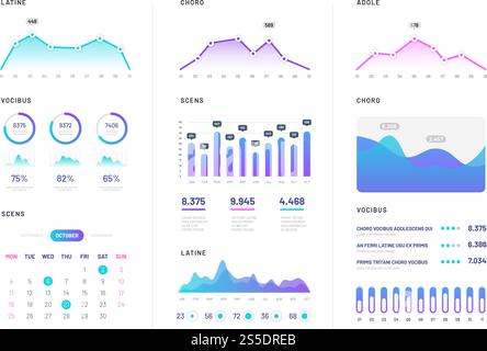 UI-Dashboard. Moderne Infografik mit Gradientenfinanzdiagrammen, Statistikdiagrammen und Säulendiagrammen. Analyse-Internet-Vektorbericht. Abbildung von Diagramm und Diagramm, Diagramm und Infografik. UI-Dashboard. Moderne Infografik mit Gradientenfinanzdiagrammen, Statistikdiagrammen und Säulendiagrammen. Analyse-Internet-Vektorbericht Stock Vektor
