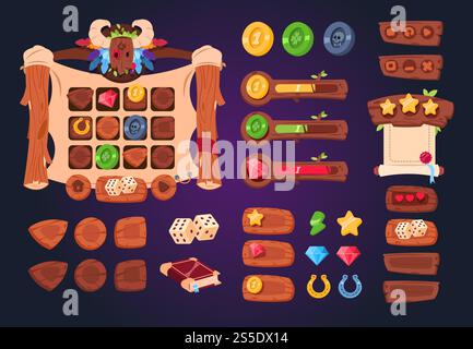 Comic-Spiel-ui. Hölzerne Knöpfe, Schieberegler und Symbole. Schnittstelle für 2D-Spiele, App-gui-Vektordesign. Spielhölzer-Schnittstelle, Abbildung des gui-Anwendungsbereichs. Comic-Spiel-ui. Hölzerne Knöpfe, Schieberegler und Symbole. Schnittstelle für 2D-Spiele, App-gui-Vektordesign Stock Vektor