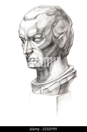 Akademisches Zeichnen - Gipsmodell der Gattamelata-Kopfhand, gemalt mit einem normalen Bleistift auf weißem Papier Stockfoto