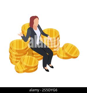 Geschäftsfrau sitzt auf dem isometrischen Vektor der goldenen Münzen. Dollar-Königin isoliert auf weißem Hintergrund. Finanzgold-Stack, erfolgreiche Lady Illustration. Geschäftsfrau sitzt auf dem isometrischen Vektor der goldenen Münzen. Dollar-Königin isoliert auf weißem Hintergrund Stock Vektor