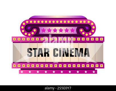 Retro-Schilder mit Neonlampen im Film- und Kinostil. Vektor-isoliertes Set von Kino oder Theater Premiere Vintage lila rosa Licht Zeichen mit Sternen und Spots. Sternenkino-Vektor-Neon-Schild Stock Vektor
