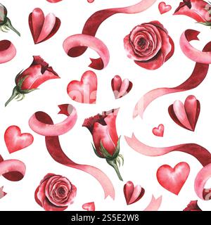 Nahtloses Valentinstag-Muster mit roten Rosen und Herzen. Hand gezeichneter nahtloser Hintergrund. Aquarellband. Digitales Papier. Weiß Stockfoto