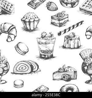 Bäckerei Kuchen und Desserts Cocktails monochrome Skizzen umreißen Vektor. Nahtloses Muster mit Getränken und Getränken, kulinarischen Kunstrezepten aus Erdbeeren und Himbeeren. Süßes, nahrhaftes Essen isoliert. Bäckerei Kuchen und Desserts Cocktails Skizzen umreißen Vektor Stock Vektor