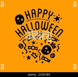 Halloween stilvolles Logo Schwarze Vektor-Illustration für Karte, Einladung und Banner. Isoliert auf weißem Hintergrund. Happy Halloween Logo mit geschwungenen Kürbissen Stock Vektor