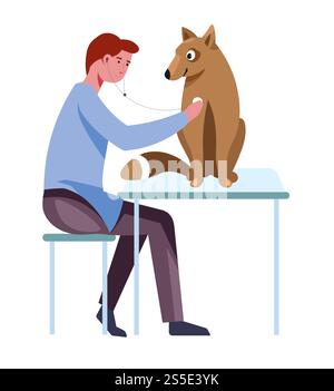 Hundezucht und Tierpflege durch Arztvektor. Tierärztlicher Mann, der Haustieren Herzfrequenz und Atmung zuhört. Hund sitzt auf dem Tisch vor einem spezialisierten Rüden mit Stethoskop untersuchender Rasse. Hundezucht und Tierpflege durch Arztvektor Stock Vektor