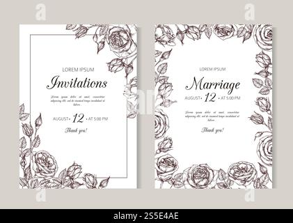 Einladung zur Hochzeit mit Rosen. Handgezeichnete elegante Vintage-Karte mit Blumenmuster und Rosenrahmen im viktorianischen Stil. Illustration der Hochzeitseinladung, Poster zum Heiratsdatum. Einladung zur Hochzeit mit Rosen. Handgezeichnete elegante Vintage-Karte mit Blumenmuster und Rosenrahmen im viktorianischen Stil Stock Vektor