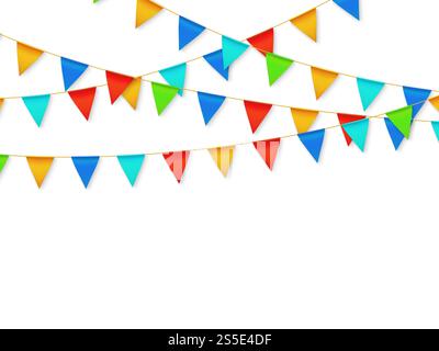 Wimpelfahnengirlande. Geburtstagsfeier fiesta Karnevalsdekoration. Girlanden mit Farbflaggen 3D-Vektor-Illustration. Karnevalsdekoration hängt am Seil, Festbanner mit Platz. Wimpelfahnengirlande. Geburtstagsfeier fiesta Karnevalsdekoration. Girlanden mit Farbflaggen 3D-Vektor-Illustration Stock Vektor