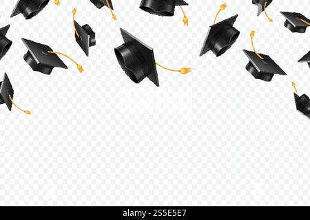 Graduiertenkappen fliegen. Schwarze akademische Hüte in der Luft. Isoliertes Vektorkonzept für Bildung. Abschlussstudium, Abschlussschulabbildung Illustration. Graduiertenkappen fliegen. Schwarze akademische Hüte in der Luft. Isoliertes Vektorkonzept für Bildung Stock Vektor