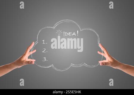 Die Idee ist in zwei Händen in weißer Kreide geschrieben, zeichnen Konzept. Stockfoto