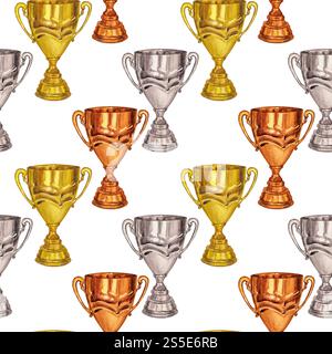 Goldene Silberbronze Siegerpokal Trophäe, Sieg, Preis nahtloses Muster. Handgezeichnete Aquarellillustration isoliert auf weißem Hintergrund. Textil Stockfoto