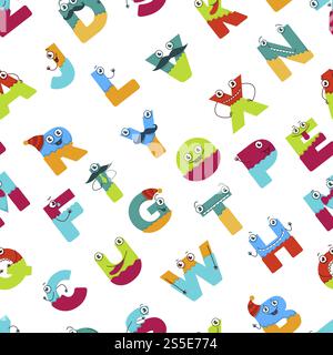 Lustiges Alphabet mit Zeichentrickfiguren für Kinder Design nahtlos. Vektorbuchstaben von Comic-Monster-Kreaturen Gesichter mit Augen, Mund-Lächeln und Schnurrbart in Großbuchstaben. Lustiges Alphabet mit Zeichentrickfiguren für Kinder Design nahtlos. Stock Vektor