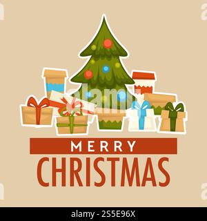 Frohe Weihnachten Winterfeiertag, Kiefer immergrün Baum dekoriert mit Girlanden Vektor. Geschenkkartons und Geschenke in Schachteln mit Bändern, Fichtentanne mit Ballspielzeug. Weihnachtsurlaub. Frohe Weihnachten Winterfeierlichkeiten, Kiefer immergrün Baum Stock Vektor