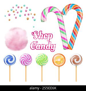 Vektor-realistische Süßigkeiten - Baumwoll-candie und Lollipops isoliert auf weißem Hintergrund. Spiralförmige Lutscher und Baumwollwolle, farbig gestreifte Illustration. Vektor-realistische Süßigkeiten - Baumwoll-candie und Lollipops isoliert auf weißem Hintergrund Stock Vektor