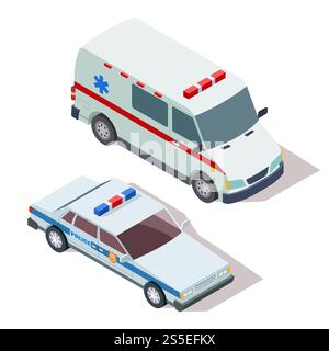 Ambulanz- und Polizeiautos 3D isometrischer Vektor isoliert auf weißem Hintergrund Illustration. Ambulanz und Polizeiautos 3D isometrischer Vektor Stock Vektor