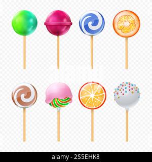 Lollipops-Vektor realistisch isoliert auf transparentem Hintergrund. Illustration einer karamellreichen, spiralförmigen, kolorierten Form der Kollektion. Lollipops-Vektor realistisch isoliert auf transparentem Hintergrund Stock Vektor