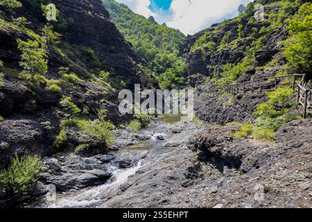 Sedimentgestein in den Schluchten des Garagassa Valley bei Rossiglione in der Provinz Genua, Italien Stockfoto