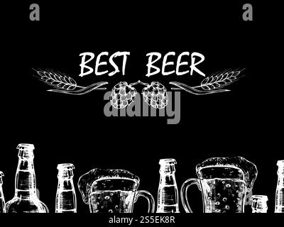 Vektor-Retro-Hintergrund mit Doodle Bierflaschen und Gläsern. Illustration der Zeichnung von Bier trinken Alkohol. Vektor-Retro-Hintergrund mit Doodle Bierflaschen und Gläsern Stock Vektor