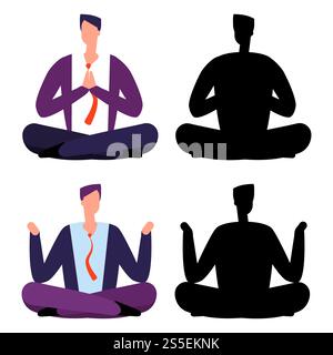 Entspannen Sie sich, Meditation Comic-Geschäftsleute. Zwei Männer, die sich entspannen und ihre Vektor-Silhouetten Illustration. Entspannen Sie sich, Meditation Comic-Geschäftsleute. Zwei Männer, die sich entspannen Stock Vektor