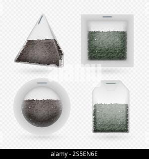 Vektor-Teebeutel mit schwarzem und grünem Brühen Tee isoliert auf transparentem Hintergrund. Set aus Teebeutelform für Teatime, organische Erfrischungsgetränk Illustration. Vektor-Teebeutel mit schwarzem und grünem Brühen Tee isoliert auf transparentem Hintergrund Stock Vektor