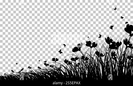 Wiese Hintergrund mit Schmetterlingen. Transparency Raster Design. Vector Illustration. Stock Vektor