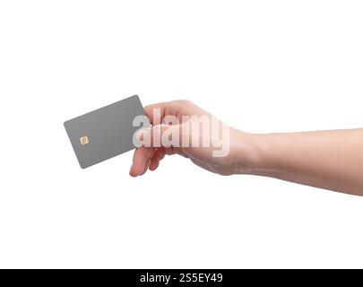 Isolierte Hand mit leerer Kreditkarte, perfekt für die Präsentation von Mockups, Werbedesigns oder Branding von Kredit- und Debitkarten Stockfoto