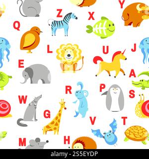 Alphabettiere und Buchstaben Untersuchungsmaterial für Kindervektor. U für Einhorn, Hund und Igel, Maus und Katze, Fisch und Schildkröte, Schnecke und Alligator. Nahtloses Muster mit abc für kleine Kinder zum Lernen. Alphabettiere und Buchstaben Untersuchungsmaterial für Kindervektor. U für Einhorn, Hund und Igel, Maus und Katze, Fisch und Schildkröte, Schnecke und Alligator. Stock Vektor