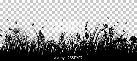 Wiese Hintergrund mit Schmetterlingen. Transparency Raster Design. Vector Illustration. Stock Vektor
