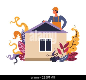 Baumeister-Mann beendet Bauprozess des Bauhauses Vektor. Eine Person mit Helm und Sonderuniform vollendete die Hausrestaurierung. Blumenelemente, Blattwerk und Blattdekoration von Handwerkern. Baumeister beendete den Bauprozess des Bauhauses Stock Vektor
