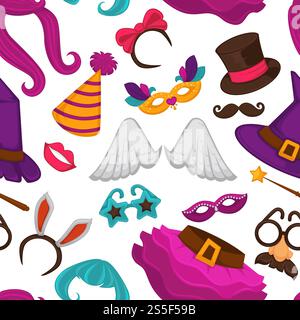 Karnevalsmasken und Kostümzubehör nahtloses Muster. Vektor flache Symbole Set aus Geburtstagsfeier Karnevalsmaske, Hexenhut und Perücke, Engelsflügel oder lustige Nase oder Schnurrbart Brille, Hasenohren und Zauberhut. Karnevalsmasken und Kostümzubehör nahtloses Muster. Stock Vektor