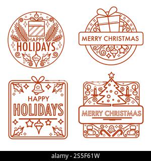 Frohe Weihnachten monochrome Skizzen mit Geschenken und Symbolen Vektor. Schilder für Winterferien, Glocken und Spielzeug, hausgemachte Kekse, Weihnachtsgebäck und Geschenke. Kiefer mit leuchtenden Girlanden dekoriert. Frohe Weihnachten monochrome Skizzen mit Geschenken und Symbolen Vektor. Stock Vektor