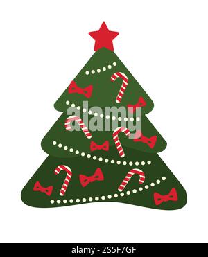 Weihnachtsbaum dekoriert mit Süßigkeiten und Bändern Bögen Vektor. Isoliertes Symbol eines immergrünen Baumes mit Stern auf der Spitze, Weihnachtsfeier symbolische Pflanze. Tanne mit Lutscher gestreiften Stäbchen und Girlanden. Weihnachtsbaum mit Bonbons und Schleifen dekoriert Stock Vektor