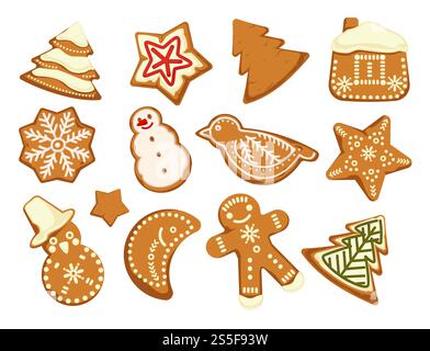 Frohe Feiertage, Weihnachten traditionelle Cookies grafisches Design Vektor. Schilder in Form von Bäckerei mit Ingwer, Lebkuchenmann und Stern, Haus und Kiefer Set. Symbole zur Feier. Frohe Feiertage, Weihnachten traditionelle Cookies grafisches Design Vektor. Stock Vektor