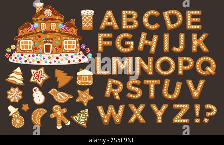 Frohe Feiertage, Weihnachten abc Buchstaben Schriftart, Grafik Design Vektor. Schilder in Form von Bäckerei mit Ingwer, Lebkuchenmann und Stern, Haus und Kiefer, Kekse Set. Alphabetische Symbole für die Feier. Frohe Feiertage, Weihnachten abc Buchstaben Schriftart, Grafik Design Vektor. Stock Vektor