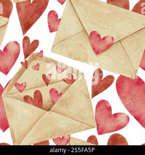 Vintage-Handwerkskuverts mit nahtlosem Herzmuster auf weiß. Aquarellillustration für Karten, Verpackung, Textil, Einladungen, Feiertage Frühling, Geburtstag, Valentinstag, Hochzeit oder Muttertag. Stockfoto